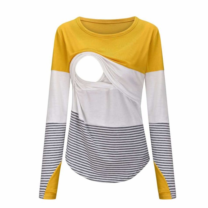Casual Colorblock Long-sleeve Nursing Tee - Yellow