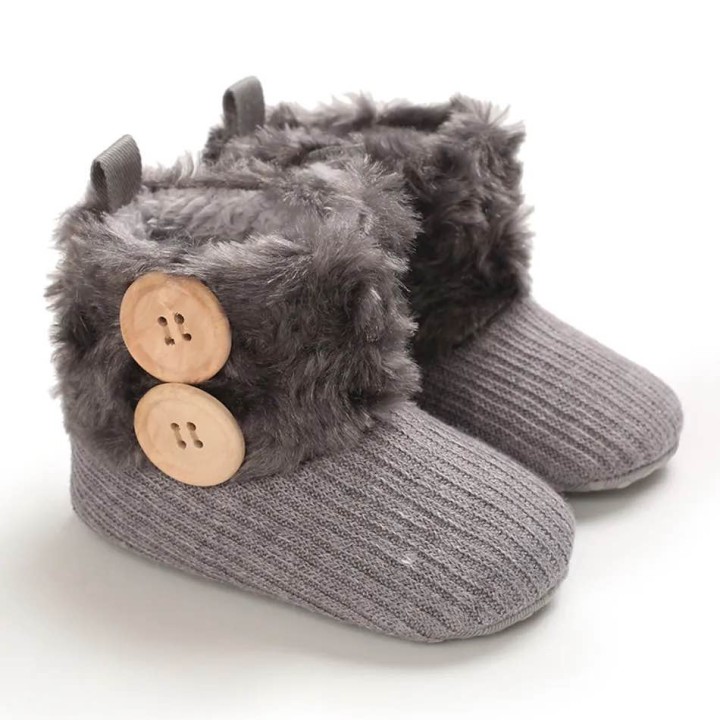 Girl Solid Button Fluff Knitted Casual Pre walker - Grey