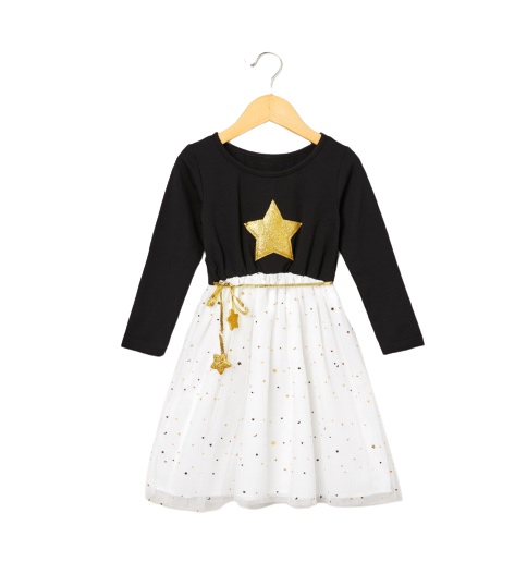 Golden Stars Decor Mesh Long-sleeve Dress - Black