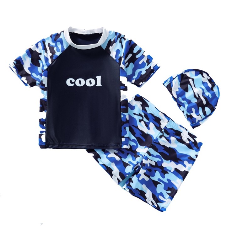 Camouflage Tee and Shorts with Hat Swimsuit Set