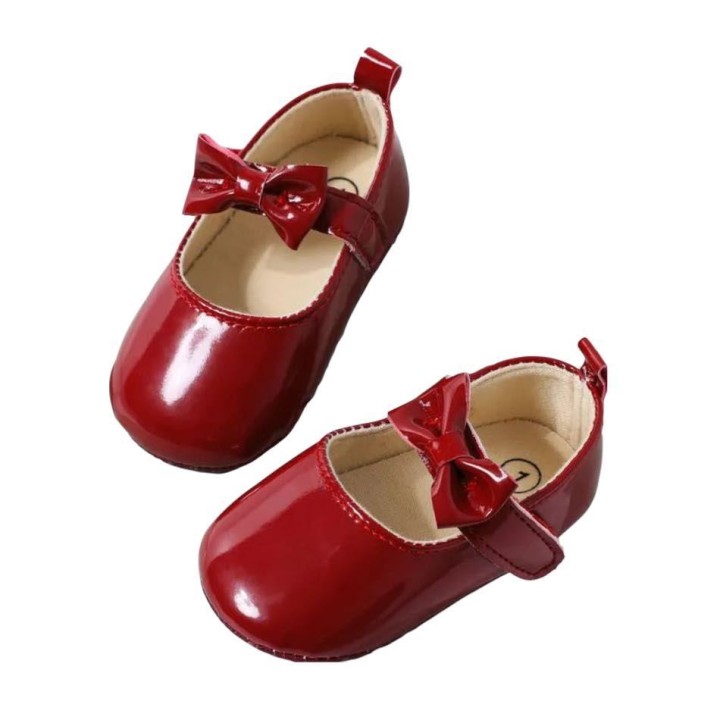 Solid Bowknot Velcro Closure Prewalker Shoes Red