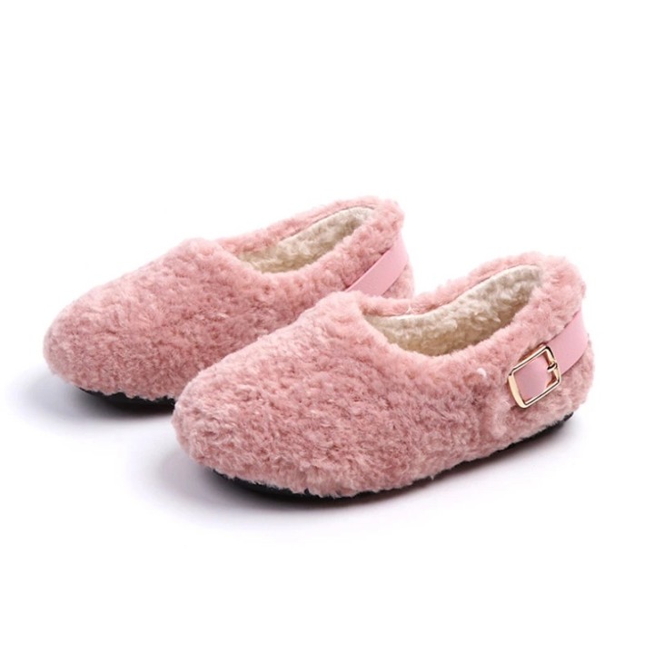 Solid Buckle Fluff Slippers - Pink