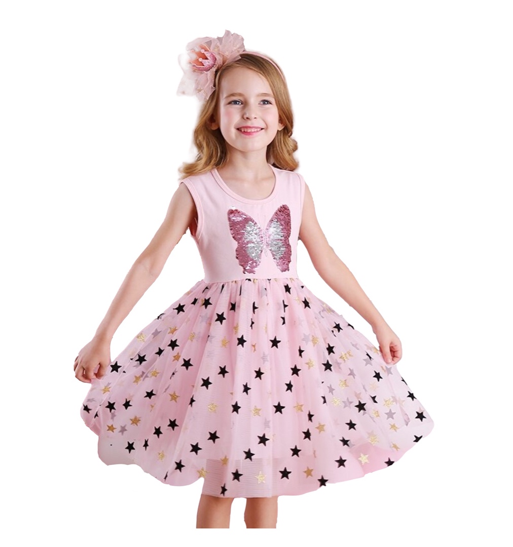 Daily Girl Dress White - Pink Butterfly with Gold