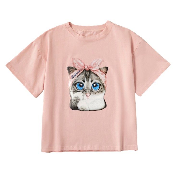 Cute Bowknot Cat Print Tee - Pink