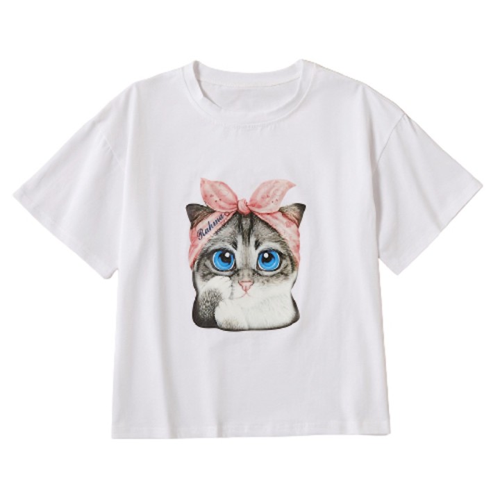 Cute Bowknot Cat Print Tee - White