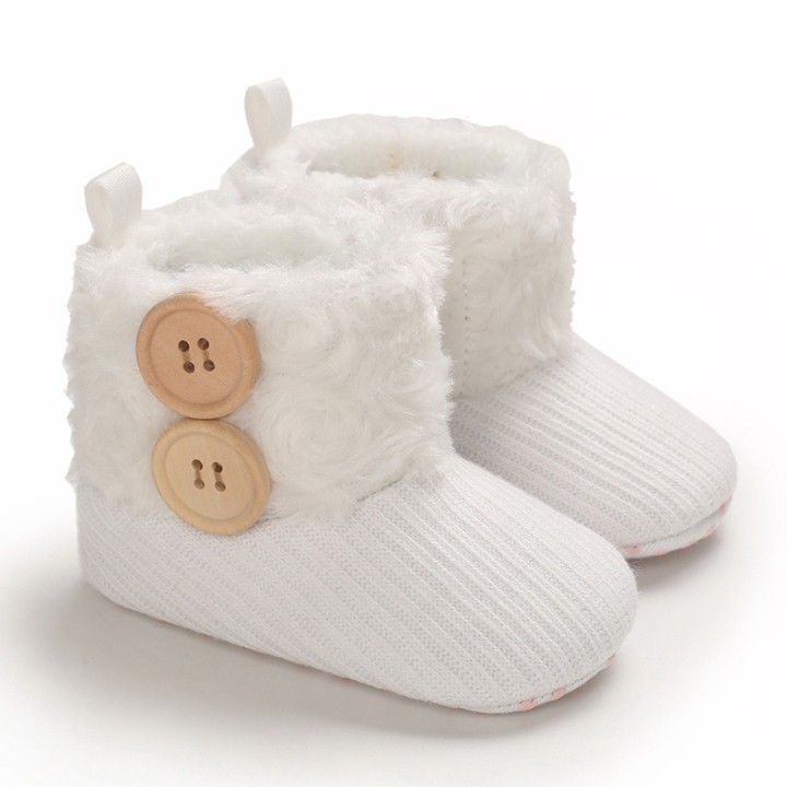 Girl Solid Button Fluff Knitted Casual Prewalker Shoes White