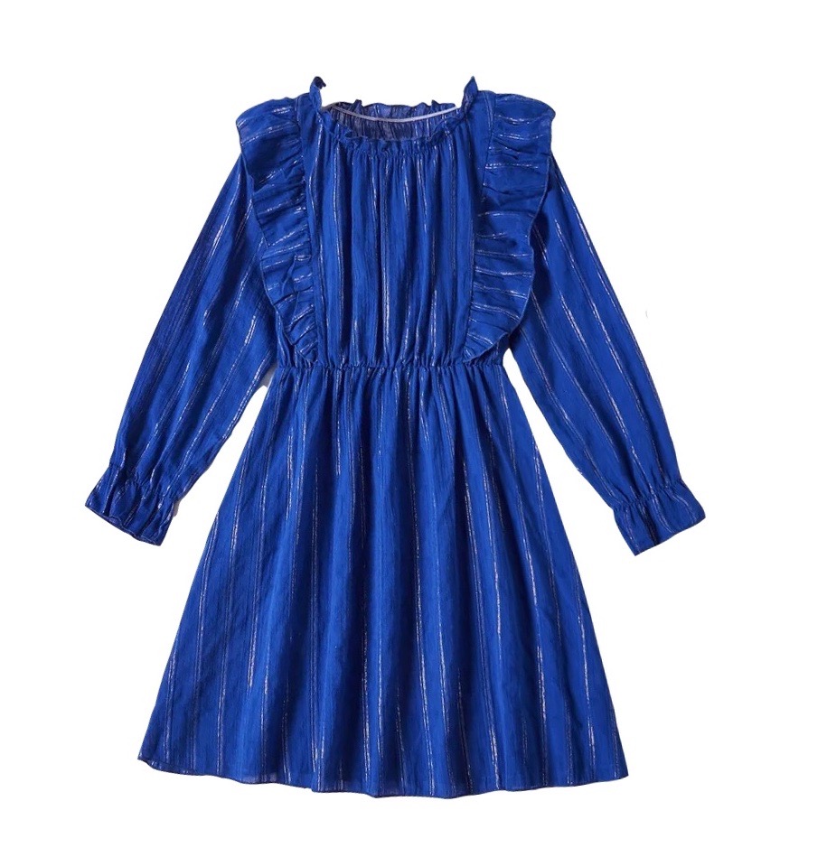 Striped Ruffle Collar Pleated Long-sleeve Dress - Blue