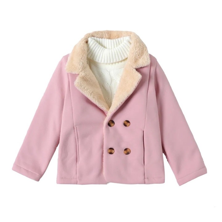 Double Breasted Lapel Collar Fleece Lined Jacket Coat - Pink