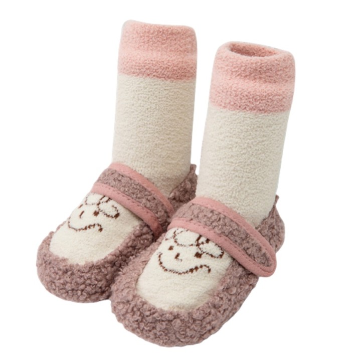 Cartoon Smile Fleece Socks Beige - Pink