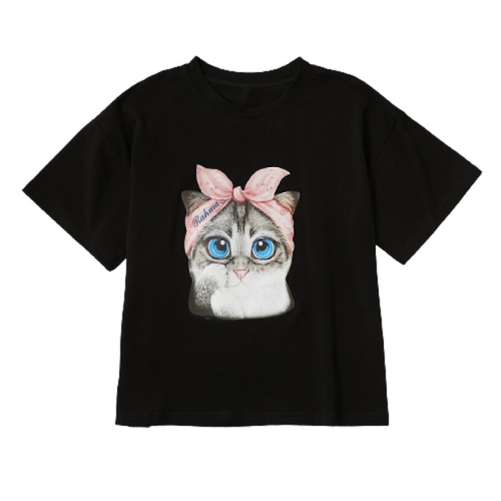 Cute Bowknot Cat Print Tee - Black