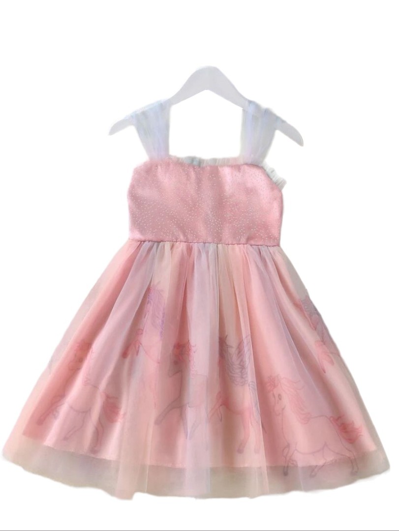 Unicorn Print Mesh Overlay Party Dress - Pink