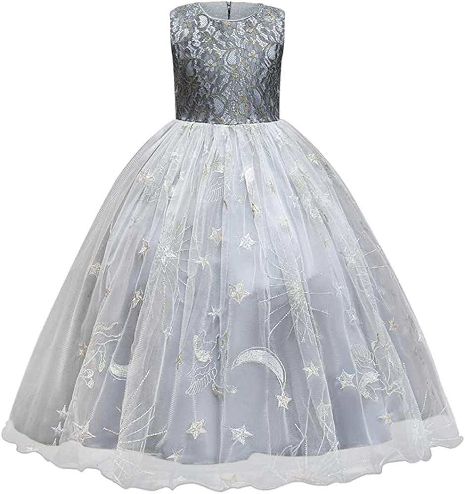 Stars Moon Embroidered Bowknot Design Princess Party Mesh Dress Grey