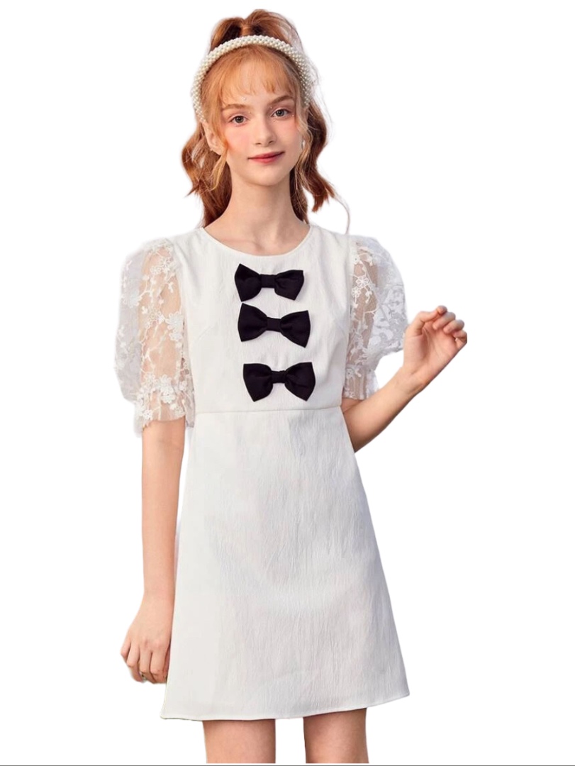 Shoulder Mesh Puff Sleeve Dress - White