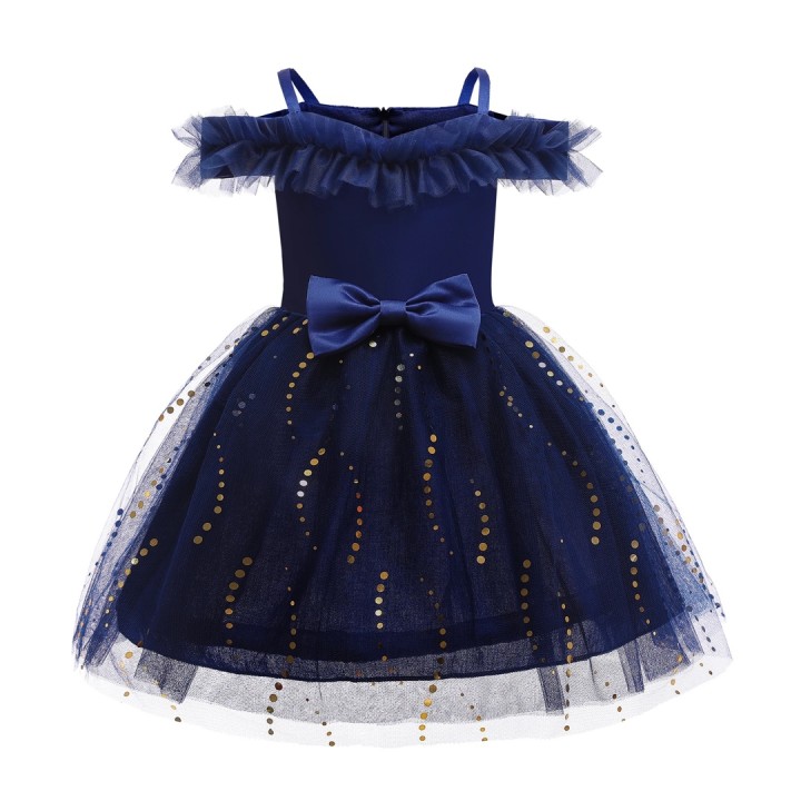 Girl Bling Sequined Flounced Mesh Party Dress - Navy