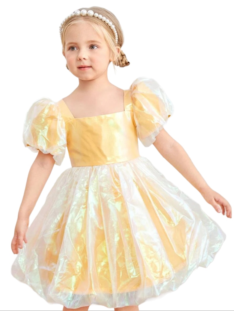 Girls Puff Sleeve Gown Dress - Yellow