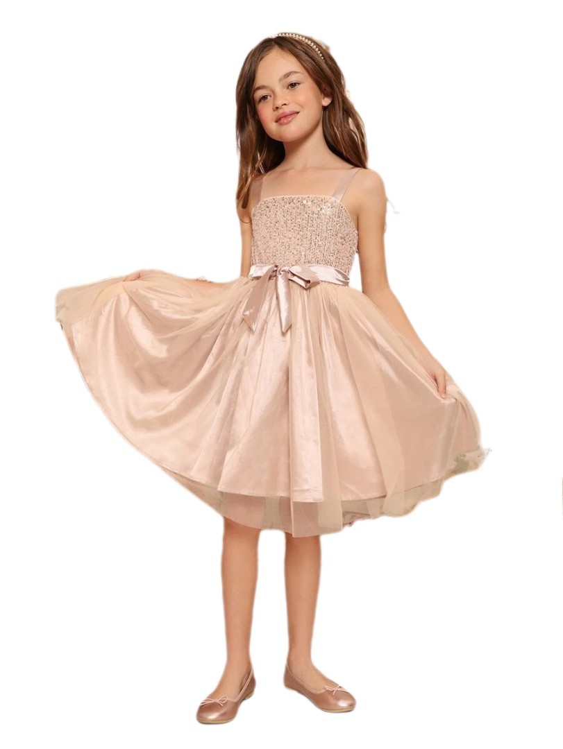 Girls Bow Front Mesh Gown Dress - Champagne