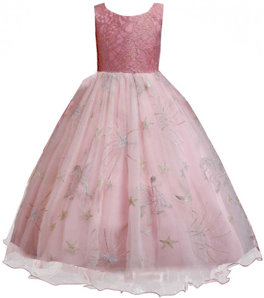 Stars Moon Embroidered Bowknot Design Princess Party Mesh Dress Pink