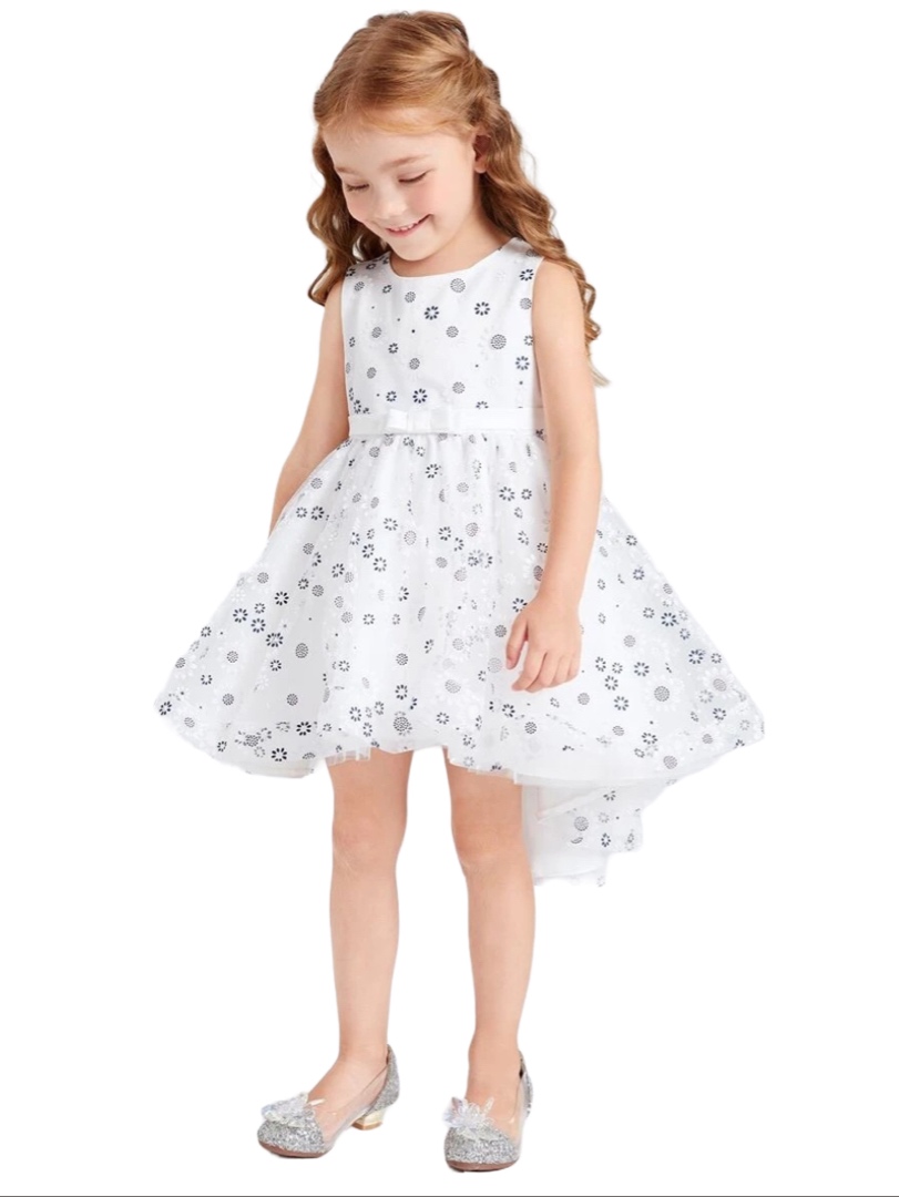 Girls Floral Print Bow Front Mesh Gown Dress - White