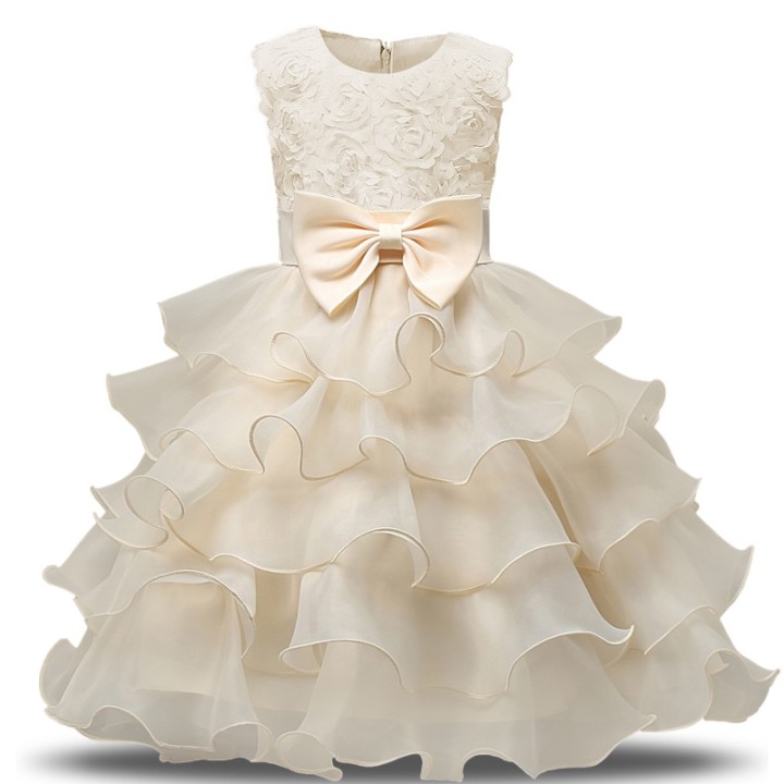 Flower Decor Bowknot Party Dress -  Champagne