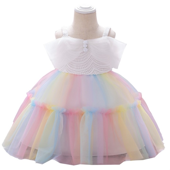 Colorful Rainbow Mesh Party Dress - White