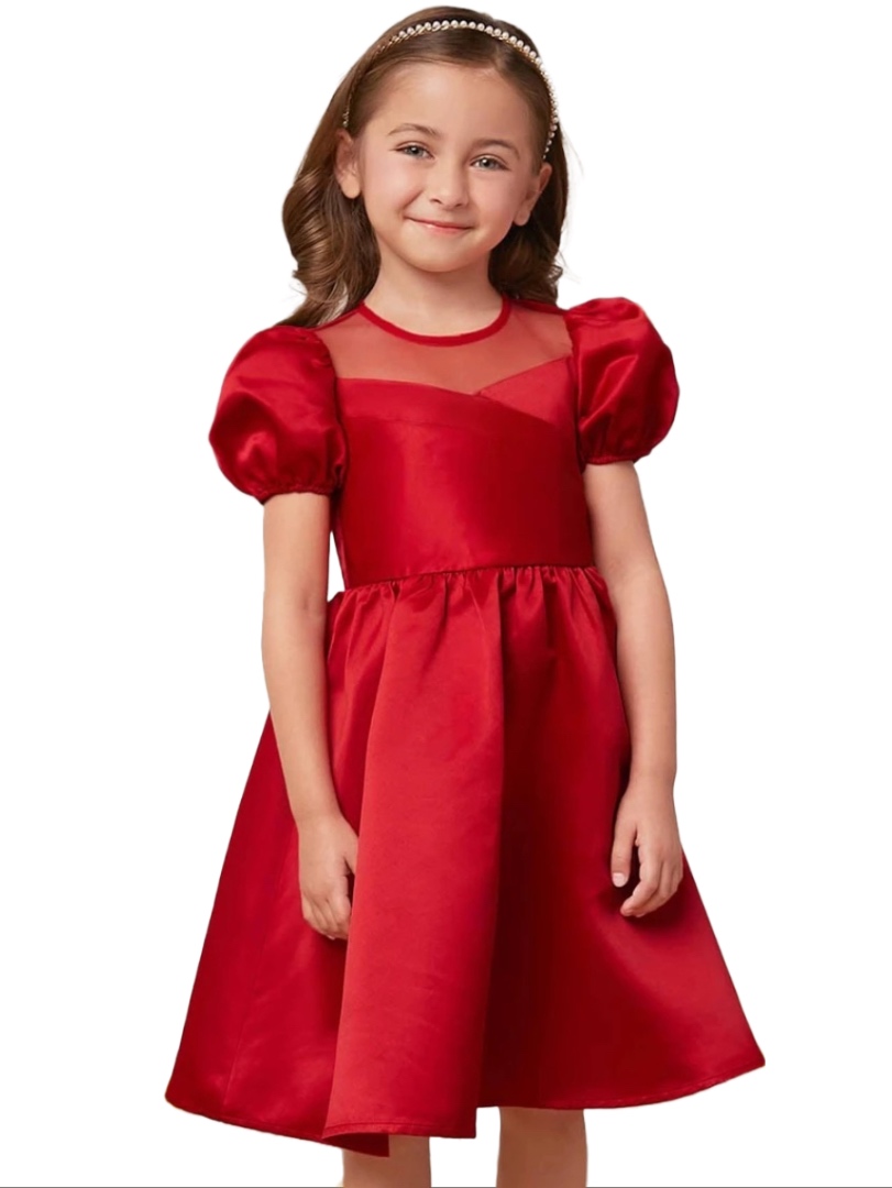 Girls Puff sleeve Dress - Red