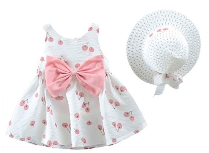 Cherry Allover Bow Decorative Dress and Hat Set Pink