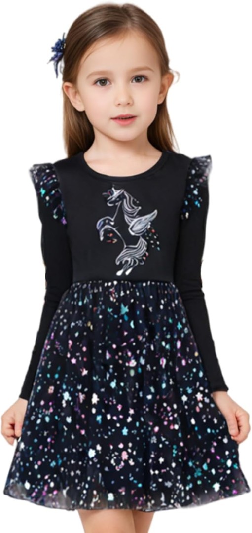 Girls Casual Unicorn Dress Blue Black